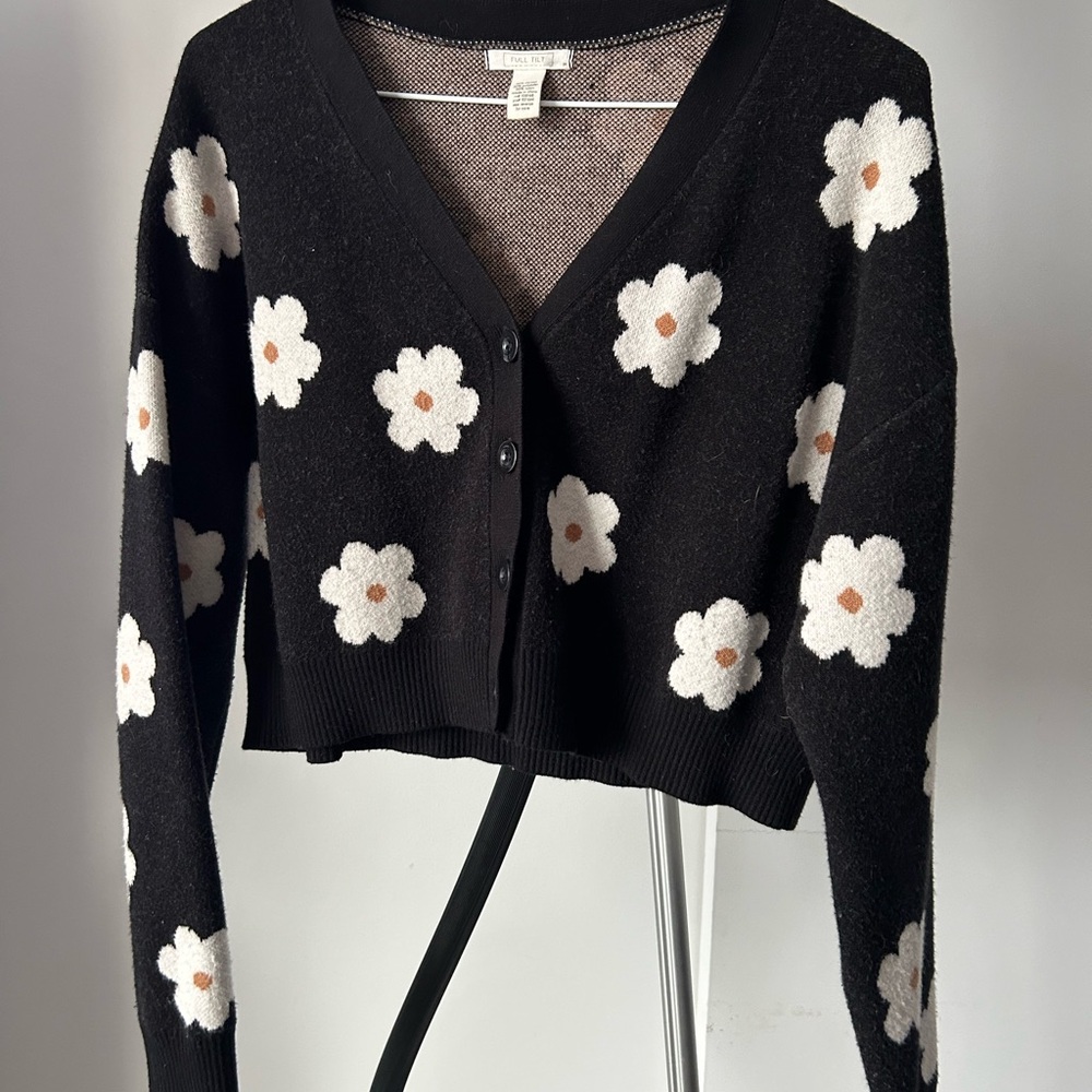 Full Tilt Black Cardigan with White Floral Design